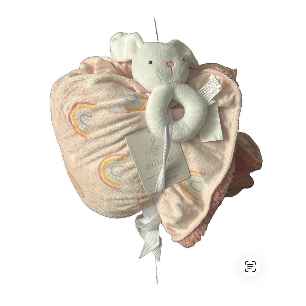 Lullaby Lane Bunny Rattle & Blanket Pink Rainbows Fleece Soft 30x 40" OEKO-TEX